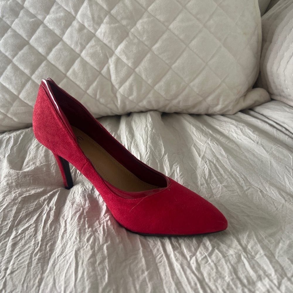Red suede pumps